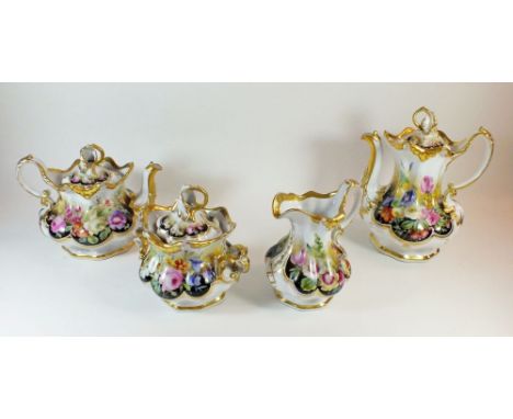 A late 19th century continental porcelain tea service of substantial size in a rococo form, painted with flowers in the style