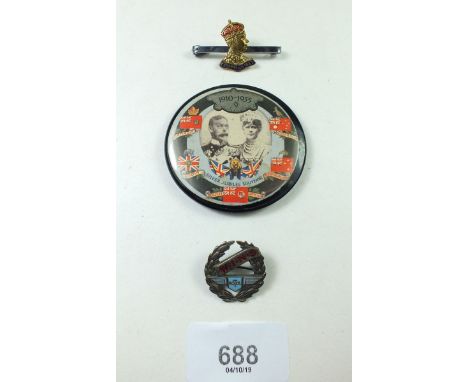 A Rotol 'Wins' Womens National Service WWII enamel badge, a 1937 Coronation brooch and a George V Silver Jubilee badge