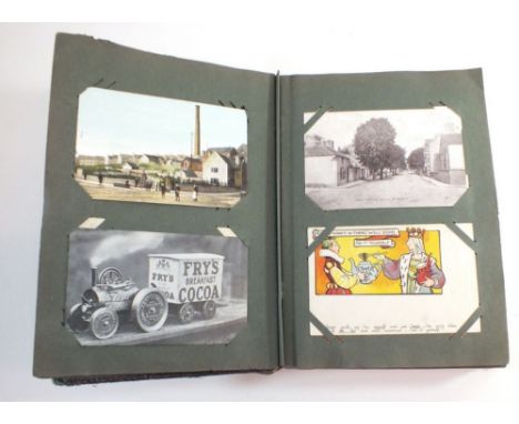 Postcards - album including Fry's Cocoa Steam Model, Tower Tea Proverb Advertising; Town End Barnsley, Bala High Street etc (