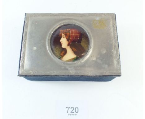 A continental velvet clad box with metal lid painted pre-raphaelite portrait of a woman
