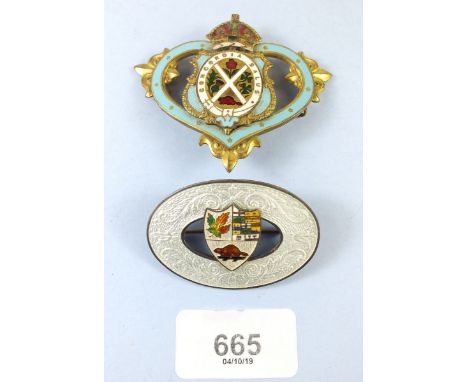 Two Canadian enamel brooches in silver and brass (pin a/f on brass one)