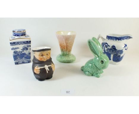 A Sylvac rabbit 990, a Sylvac vase and a Hummel monk, plus Ringtons tea caddy and a blue and white jug