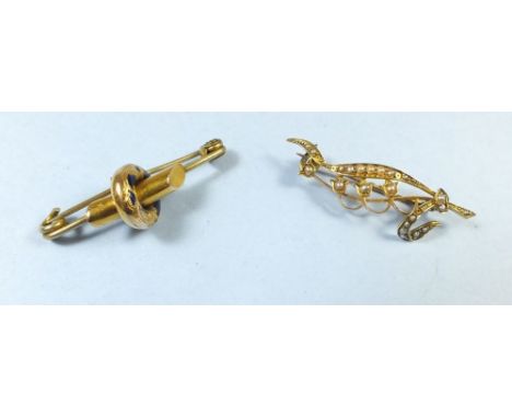 An Edwardian seed pearl set 15ct gold brooch and a Victorian gold and enamel brooch a/f
