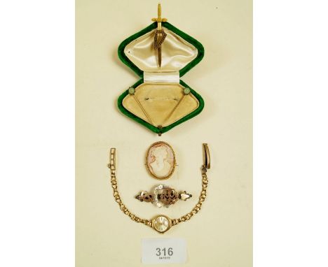 A 9 carat gold framed cameo brooch, Victorian good luck brooch and watch, plus yellow metal dagger brooch and opal stick pins