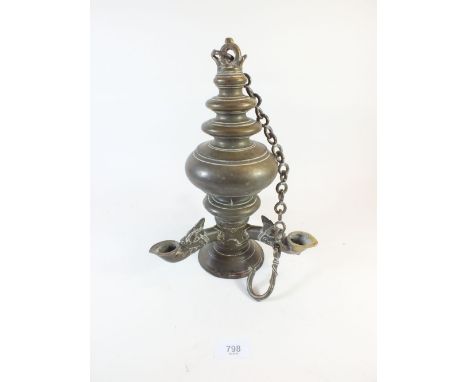 An Indian brass three branch hanging oil lamp