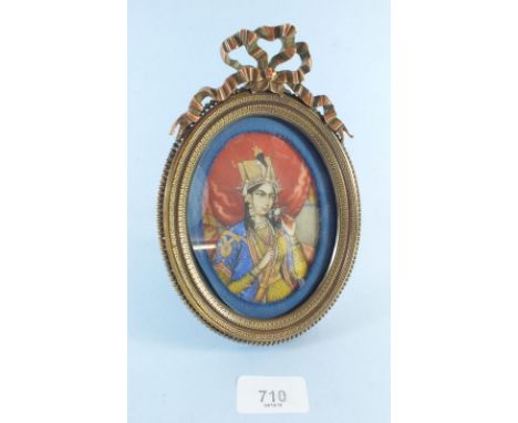 A late 19th century watercolour miniature on ivory Mughal style portrait of a princess in heavy gilt frame - 10 x 7cm