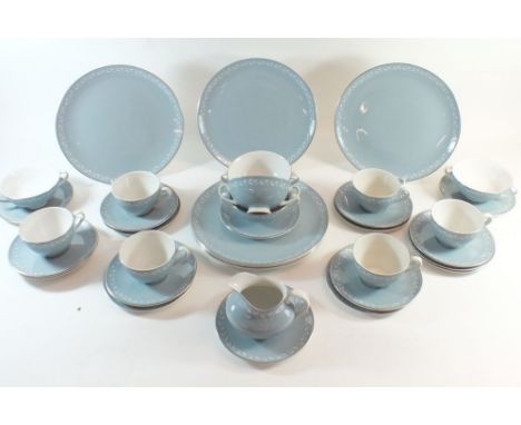 A Royal Doulton dinner and tea service 'Aegean' comprising:- six dinner plates, six cups and saucers, five soups and six sauc