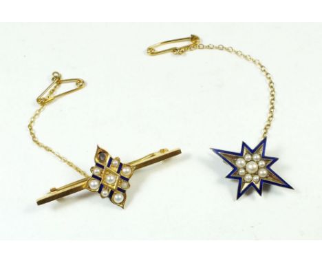 A Victorian lozenge form brooch set seed pearls in blue enamel (one pearl deficient) and a 9 carat gold and blue enamel star 