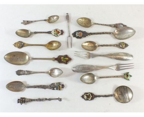 A group of eleven Canadian enamel and silver souvenir spoons and two Dutch white metal forks etc. 180g total