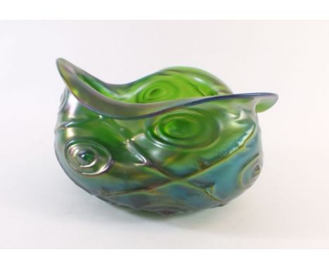 An Art Nouveau Loetz style green irredescent glass bowl