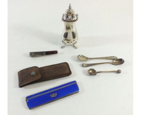 A silver and enamel comb a/f, a silver cigarette holder and a silver plated pepper pot and spoons