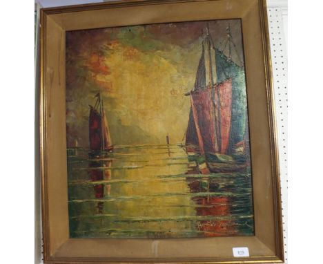 Early to mid 20th century oil on canvas - fishing boats seascape scene - signed indistinctly - 59cm by 49cm