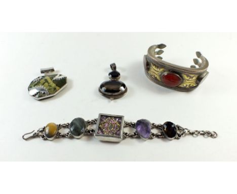 A selection of various jewellery including a silver stone set bangle and other silver and stone set items.