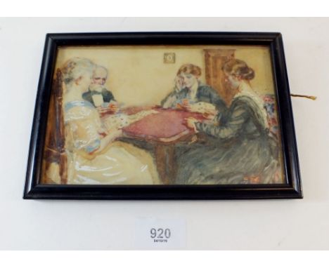 A watercolour portrait of group playing cards 'Royal Academy Exhibition 1920' by Katherine Ni Roberts - Miss Watts, Powell an