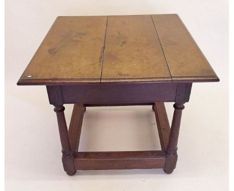A late 17th/early 18th century oak square topped hall table on turned supports joined by low stretcher - 90 x 88cm and 80cm h