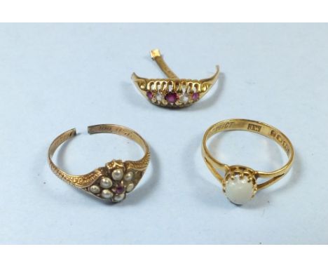 A Victorian gold ring set seed pearls and ruby a/f, a ruby and diamond ring a/f, plus a 22 carat gold ring set opal, 2.2g - s