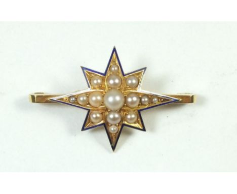 A Victorian 9 carat gold star form bar brooch set pearls within blue enamel border - 5.2g
