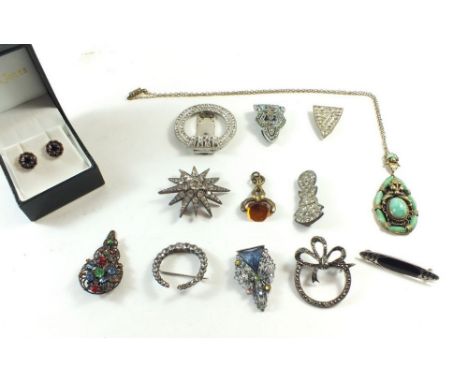 A box of vintage and antique costume jewellery including silver and garnet earrings, a green stone pendant and Charles Horner