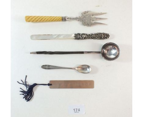 A silver bread fork - Chester 1899, a Georgian silver toddy ladle and a silver bookmark etc