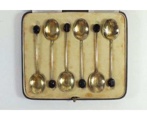 A set of silver enamel coffee spoons in harlequin colours, cased - by Henry Clifford Davies Birmingham, 1940 