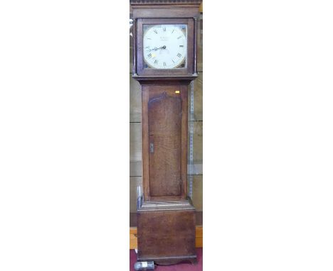 A circa 1800 provincial oak longcase clock, the square painted dial signed W Peacock, Banbury, with 30-hour movement, single 