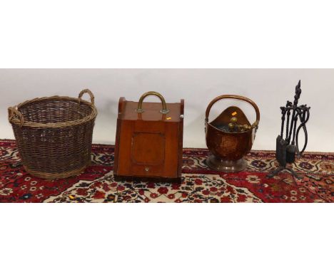 An Edwardian walnut coal purdonium, together with fire tools on stand, a further wicker twin handled log bucket, and other fi