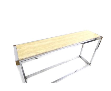 A contemporary polished chrome framed and travertine inset topped console table, width 134cm