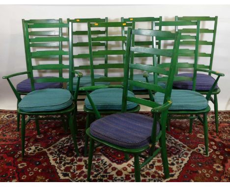 A set of eight Ercol green painted ladder back dining chairs (5+3)