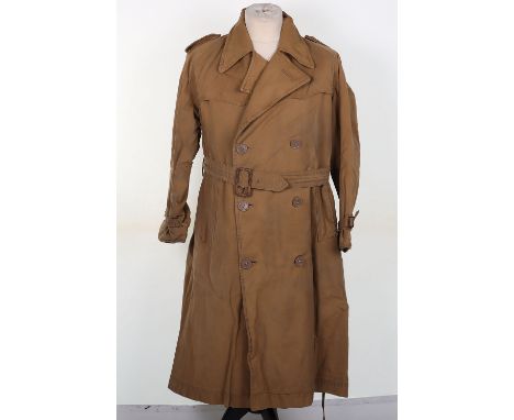 WW2 British Officers Trench Coat, fine light khaki canvas cloth trench coat with button front and large waist belt having lea