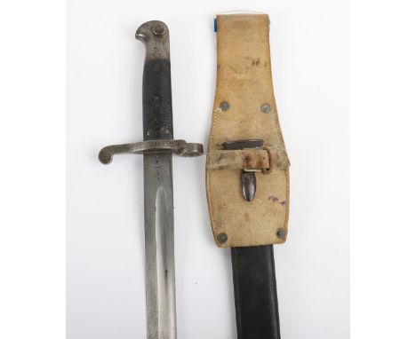 British M-1887 Enfield Bayonet, good example with chequered leather grips secured by four rivets. Steel pommel with star stam