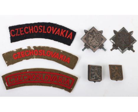 WW2 Czechoslovakian Army in Exile Badges and Insignia, including two cap badges (one missing fittings), two side / forage cap