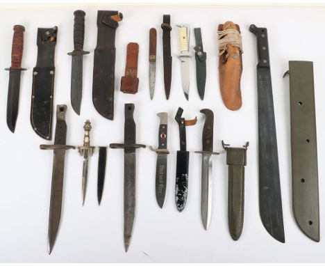 Various Knives and Bayonets, including Japanese made copy of an American combat knife from WW2 in leather scabbard; American 