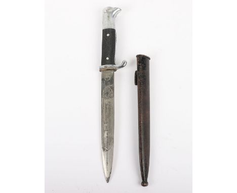 WW2 German Etched Parade Bayonet by Puma, standard parade bayonet with two piece black chequered grips, plated eagle head pom