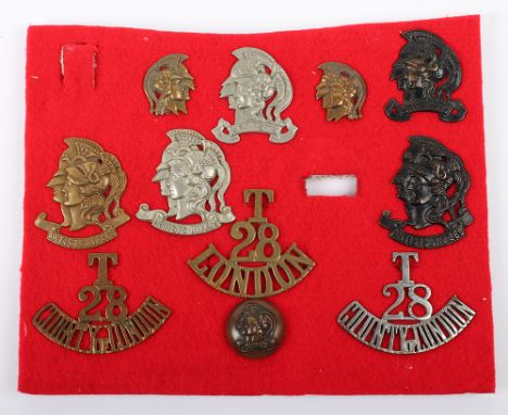 Selection of 28th (County of London) Artists Rifles Badges, including variations of cap badges, collar badges, tunic button a