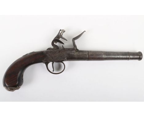 24 Bore Queen Anne Style Flintlock Boxlock Cannon Barrelled Holster Pistol c.1770, turn off barrel, frame engraved with maker