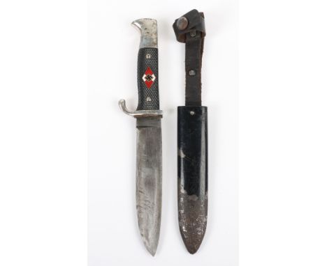 Third Reich Hitler Youth Boys Dagger, well used example with two piece black chequered grips having enamel HJ diamond insigni