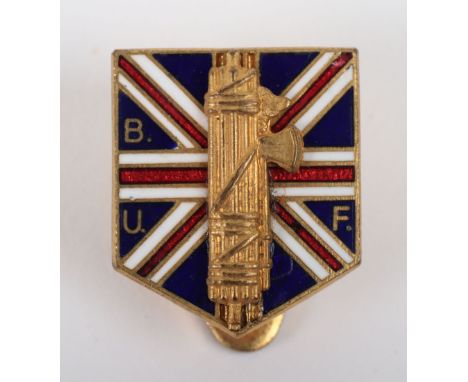 British Union of Fascists (B.U.F) Members Lapel Badge, gilt brass example with enamel Union Jack and gilt Fasces with letteri