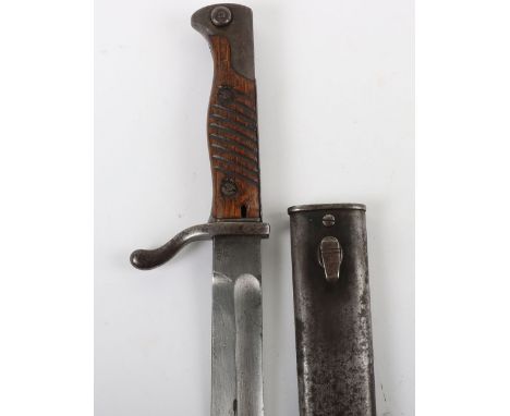 WW1 German Mauser 98/05 Bayonet, with two piece wooden grip, steel pommel and unusual upside down and backwards steel cross g