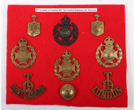 Selection of 19th (County of London) Battalion ‘St Pancras’ Badges, including various cap badges, collar badges, tunic button