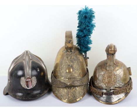 19th Century French Brass Fire Helmet, good example of the early type with large brass shell, central brass helmet plate in f