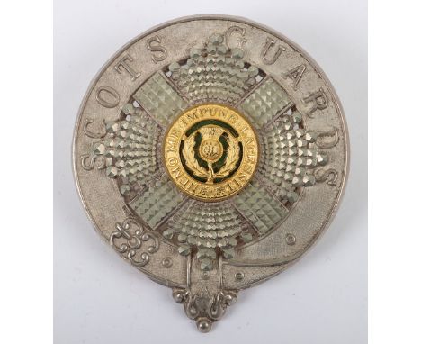 Scots Guards Pipe Majors Headdress Badge, silver plate, gilt and enamel example with two lug fittings to the reverse of the b