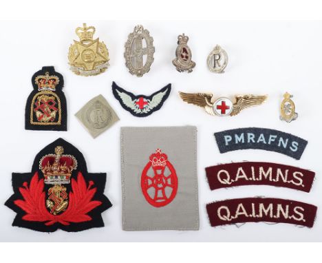 Selection of Armed Forces Nursing Service Badges and Insignia, including embroidered Q.A.I.M.N.S cloth shoulder titles, embro