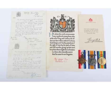 Great War 1914-15 Star Medal Trio and Ephemera to a Private in the Durham Light Infantry Who Was Reported Missing Whilst on a