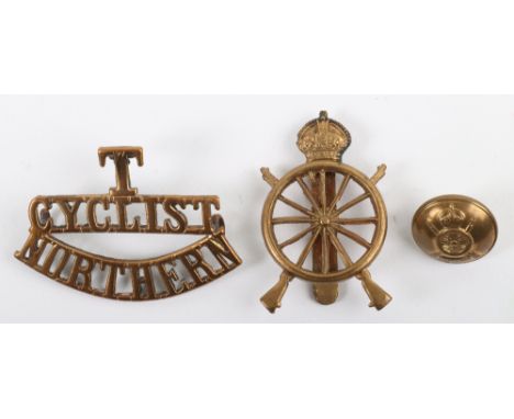 Great War Northern Cyclists Badge Grouping, consisting of other ranks cap badge with slider fitting, brass shoulder title T/C