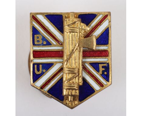 British Union of Fascists (B.U.F) Members Lapel Badge, gilt brass example with enamel Union Jack and gilt Fasces with letteri