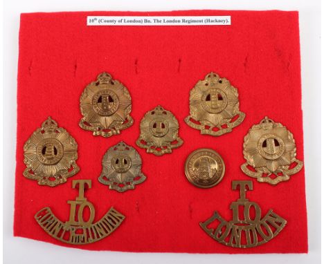 Grouping of 10th City of London Battalion (Hackney) Regimental Badges, including four variations of regimental cap badges, co