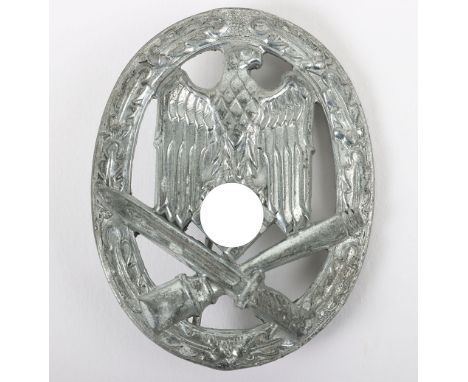 WW2 German Army / Waffen-SS General Assault Badge in Silver, un-maker marked zinc General Assault combat badge complete with 