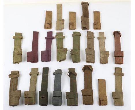 Quantity of British Webbing Bayonet Frogs, various types and conditions. Some with clear ink markings. Also a leather bayonet