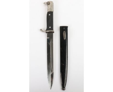 WW2 German Armed Forces Parade Bayonet with Distributors Mark, fine example with two piece black chequered grips, plated pomm