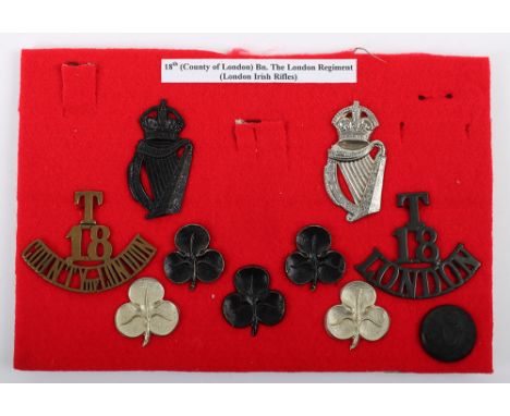 Selection of 18th (County of London) Battalion ‘London Irish Rifles’ Badges, including variations of cap badge, collar badges